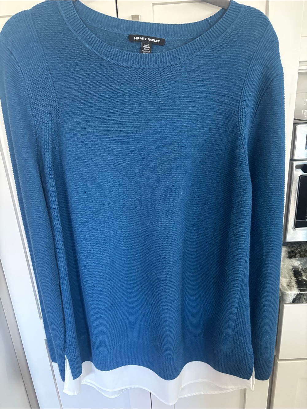 Hilary Radley Teal Crewneck Sweater with White Hem Trim